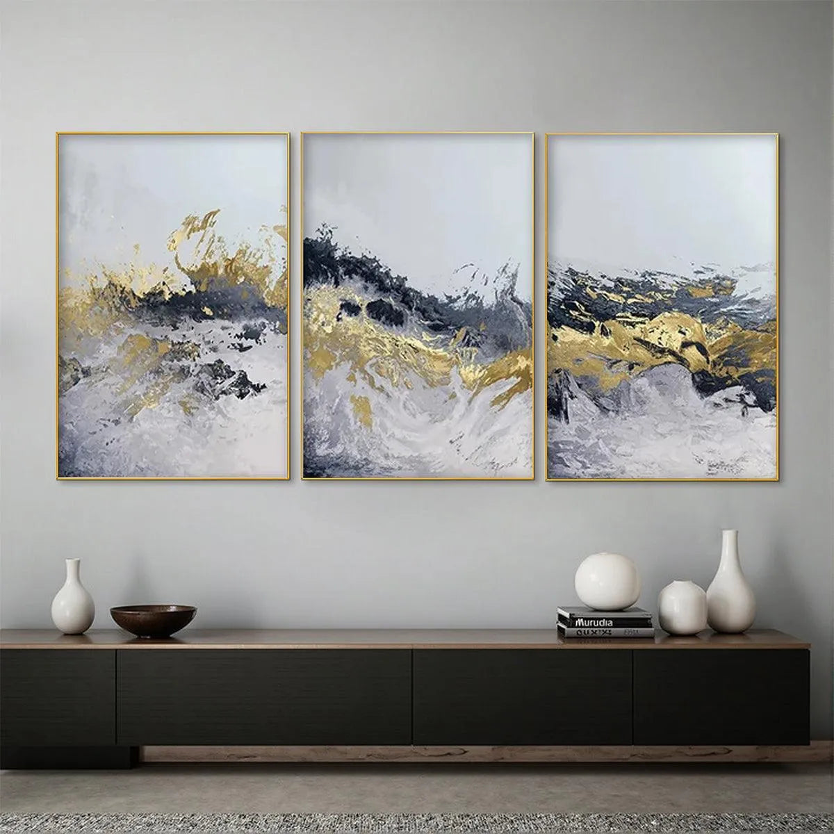 GOLD & GREY ABSTRACT TRIPTYCH: Abstract Painting Set of 3, Vertical Wall Art