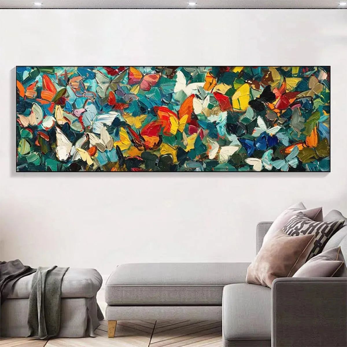 BUTTERFLY WHIRLWIND PANORAMIC: Butterfly Painting, Panoramic Wall Art, Colorful Impasto Decor