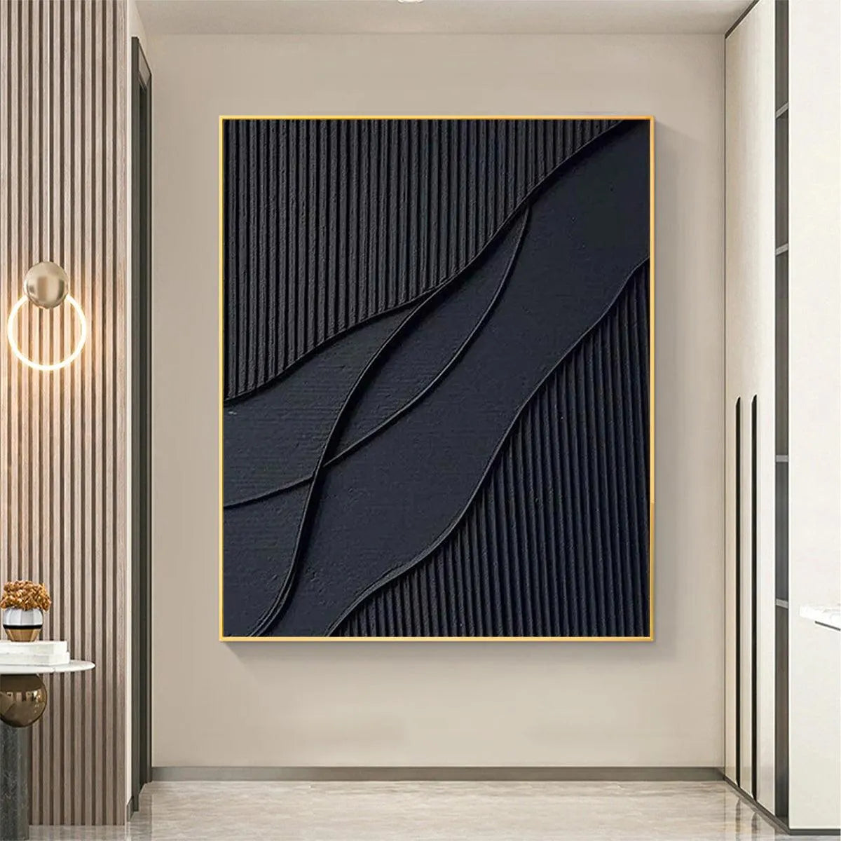 BLACK TEXTURED WAVES: Minimalist Textured Abstract Painting