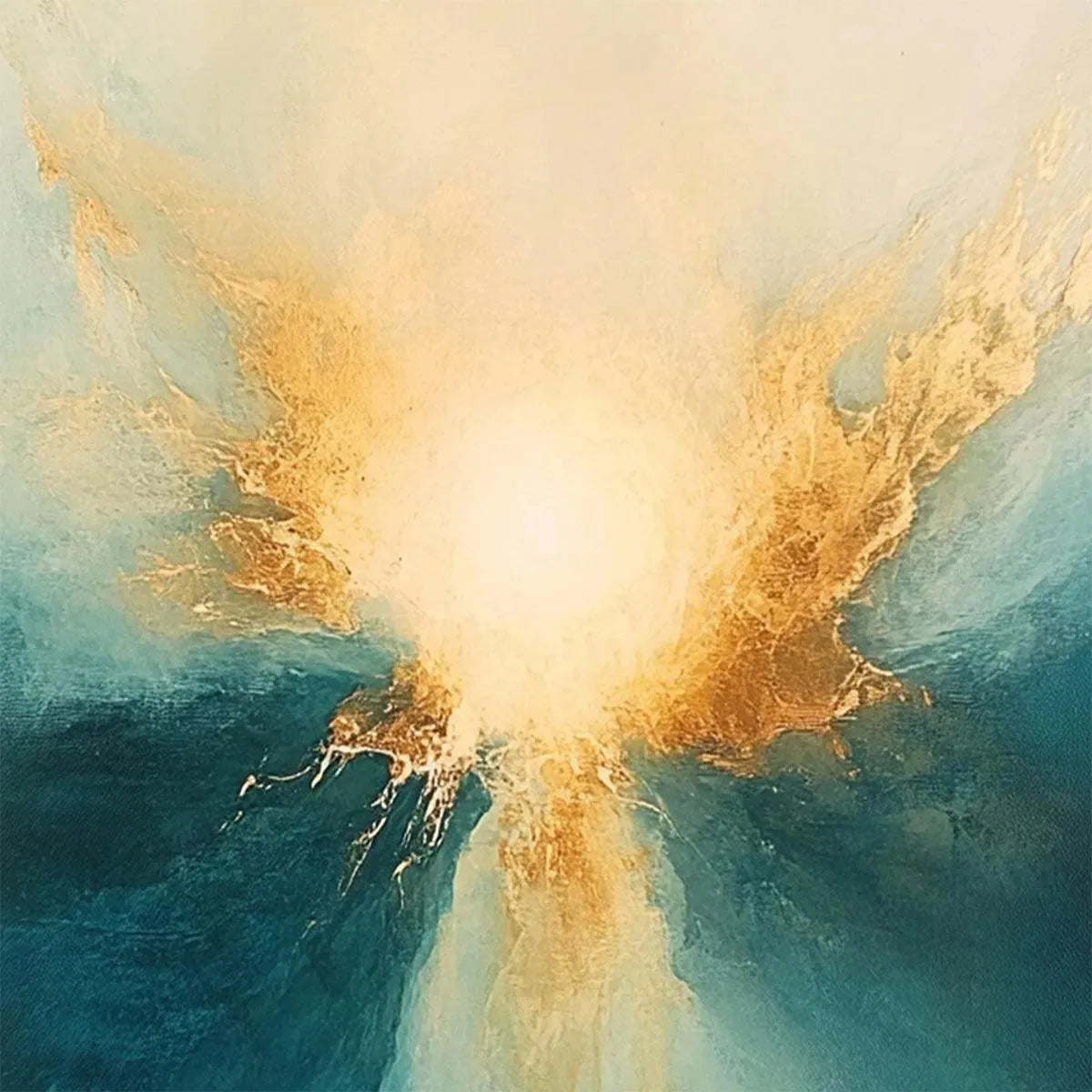 Golden Abyss: Abstract Teal and Gold Oil Painting on Canvas