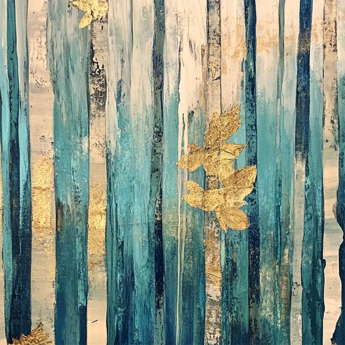 AZURE FOREST: Vertical Abstract Forest Oil Painting with Gold Leaf