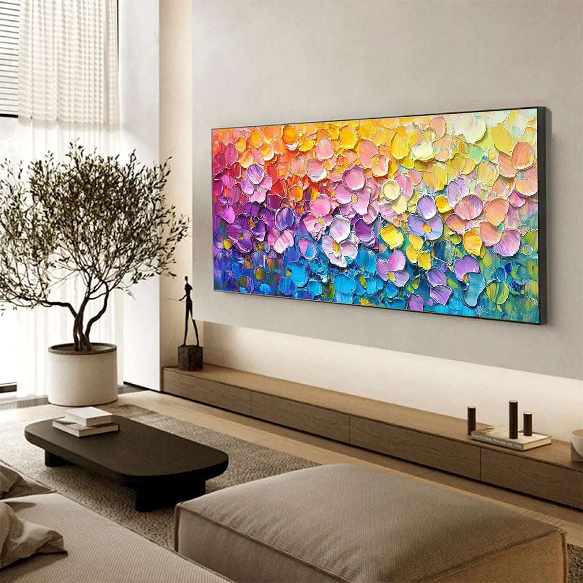 RAINBOW FALLS: Panoramic Impasto Floral Oil Painting in Vibrant Rainbow Hues