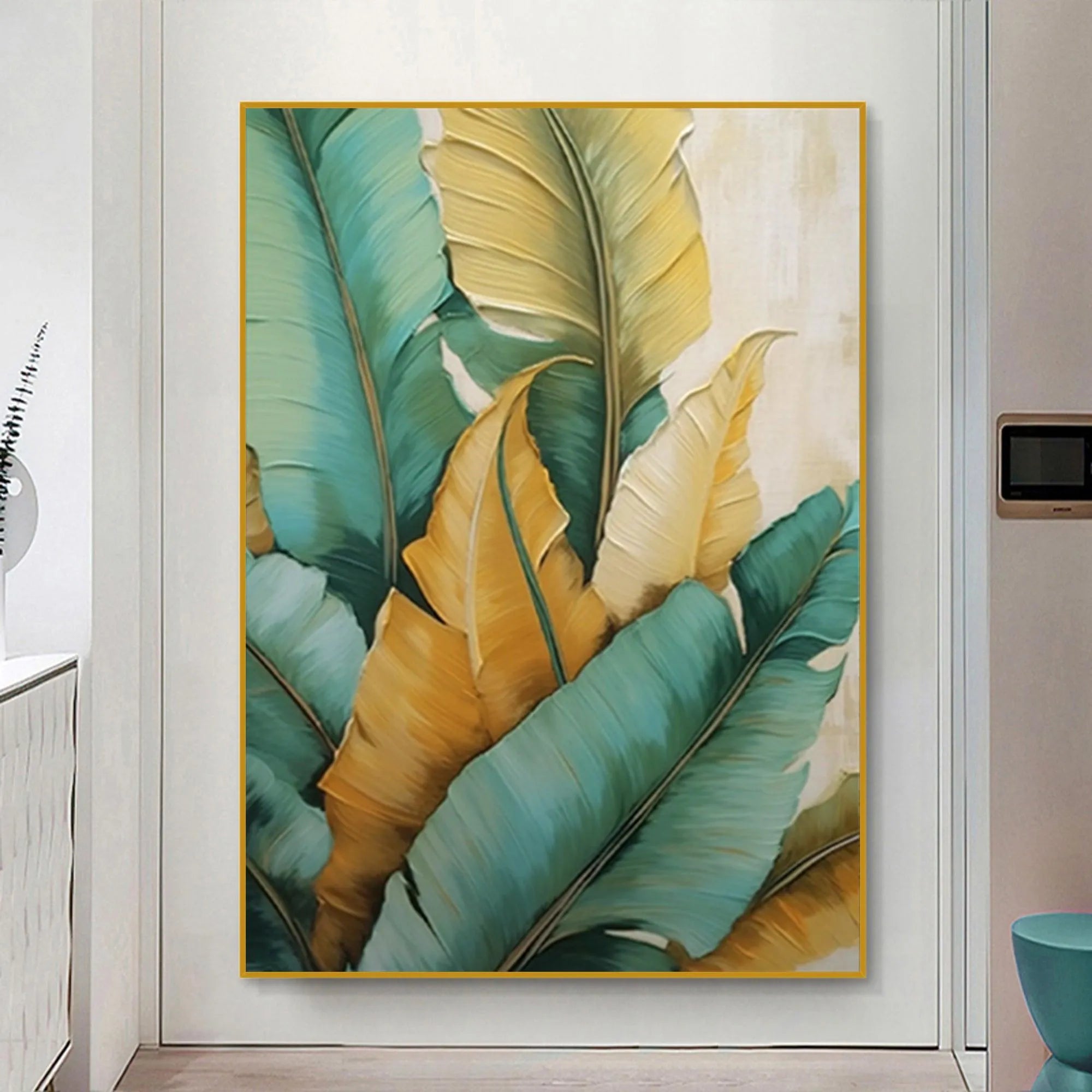 TROPICAL ABUNDANCE: Textured Tropical Leaves Painting, Green and Gold Wall Art, Vertical Canvas, Botanical Decor