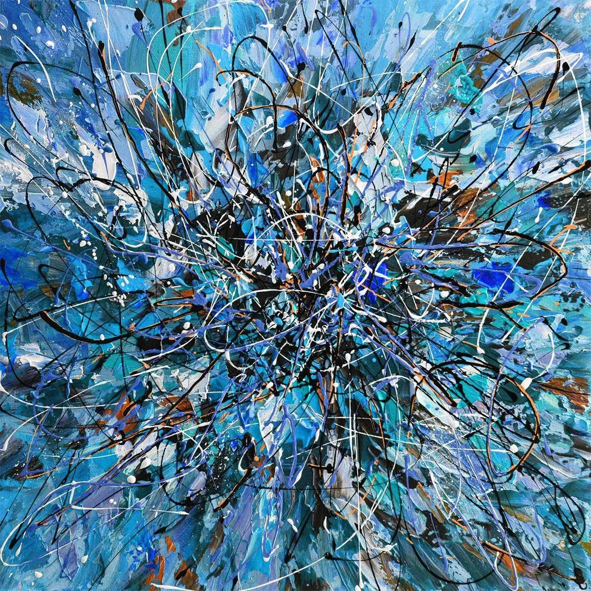 Azure Exploration: Abstract Blue and Black Oil Painting on Canvas