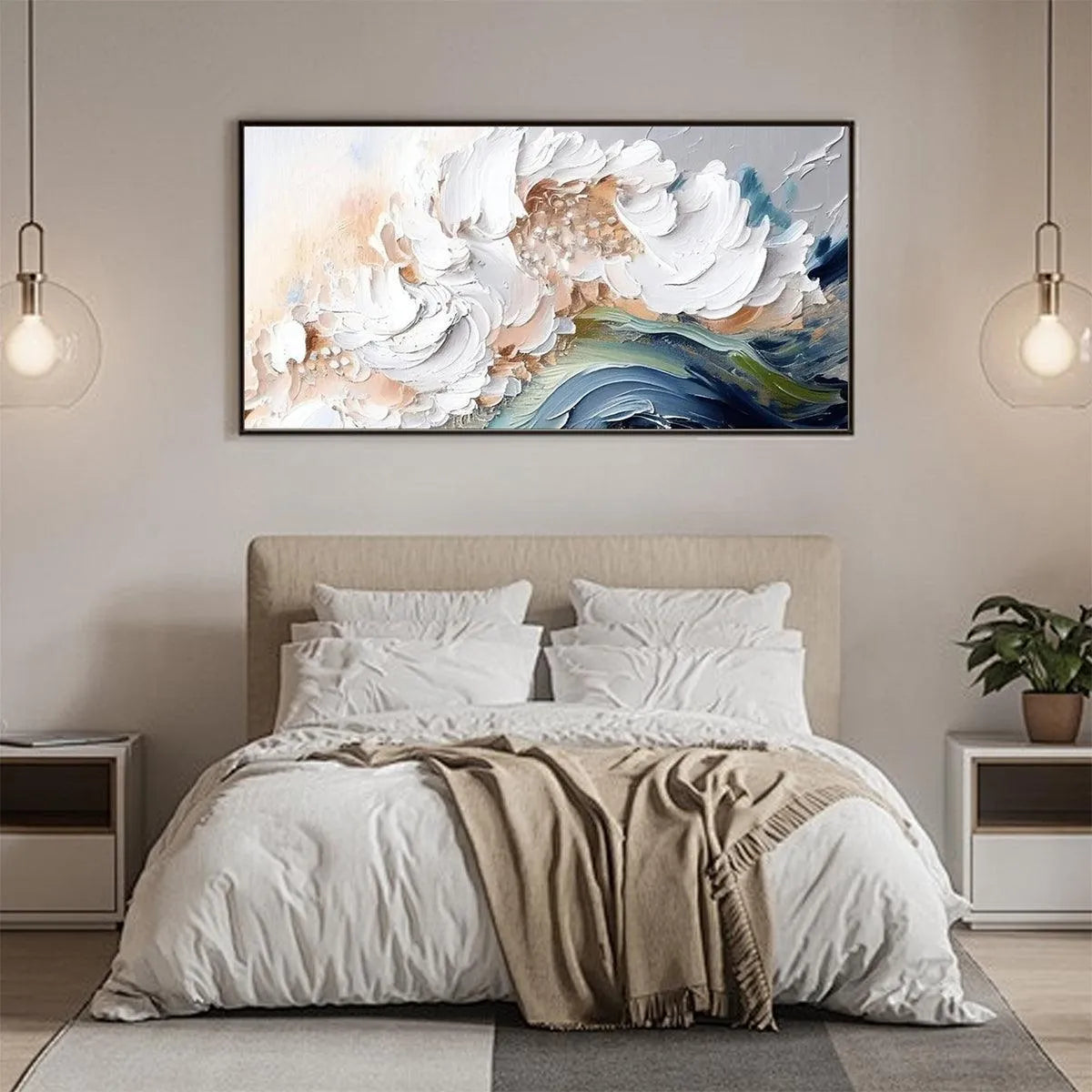 OCEAN WHISPERS: Textured Abstract Seascape Painting, White and Blue Wall Art, Panoramic Canvas, Coastal Decor