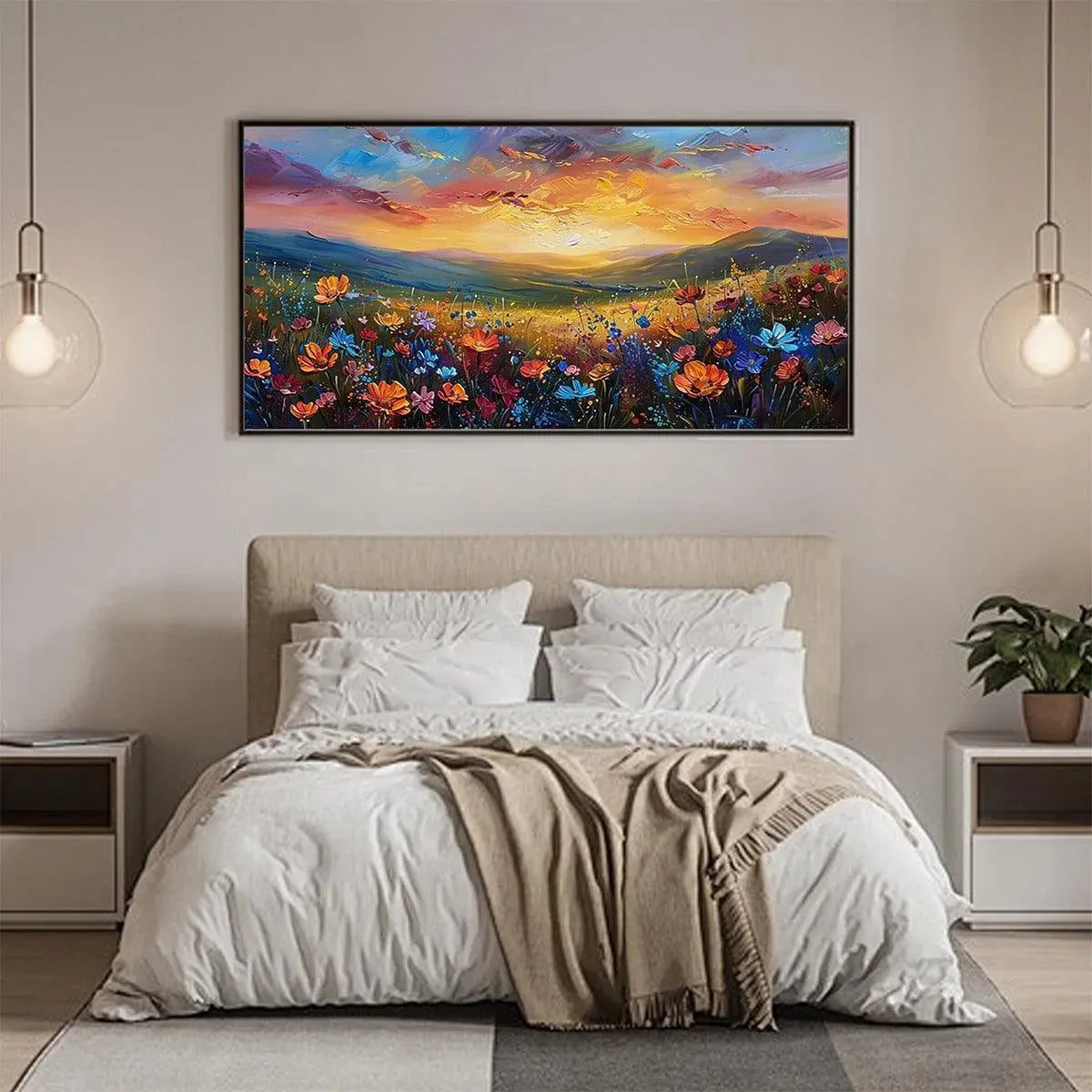 Sunset Serenade: Textured Floral Landscape Painting | Impasto Wall