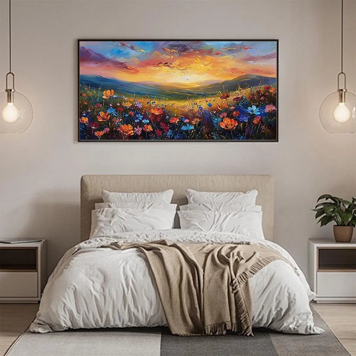 SUNSET SERENADE: Textured Floral Landscape Painting, Impasto Wall Art, Horizontal Canvas, Sunset Decor