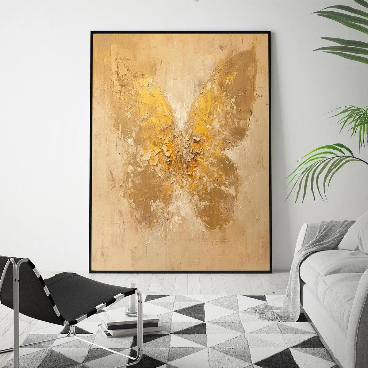 GOLDEN WINGS: Gold Butterfly Painting, Textured Wall Art, Vertical Canvas, Beige and Gold Decor