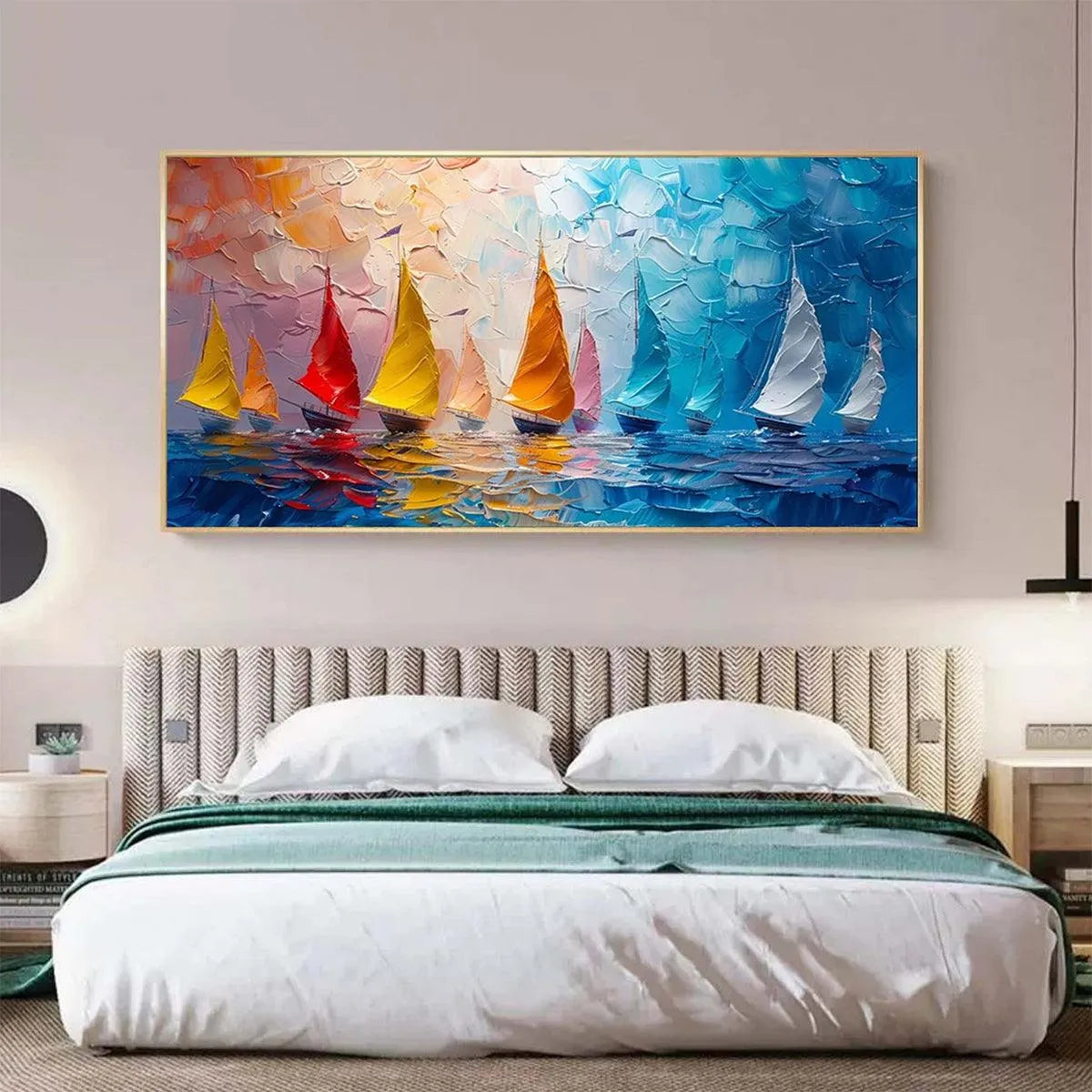 REGATTA: Textured Sailboat Painting, Impasto Wall Art, Panoramic Canvas, Coastal Decor