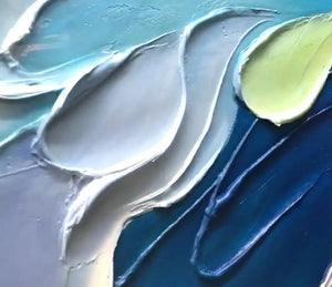 Oceanic Bloom abstract floral painting: thick impasto texture in blue, beige, and hints of green. Close-up detail.
