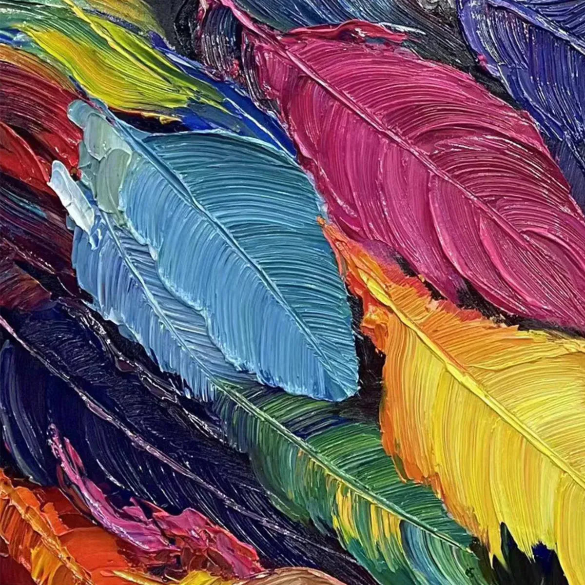 FEATHER DANCE: Horizontal Abstract Painting with Colorful Feathers, Textured Impasto, Modern Wall Art