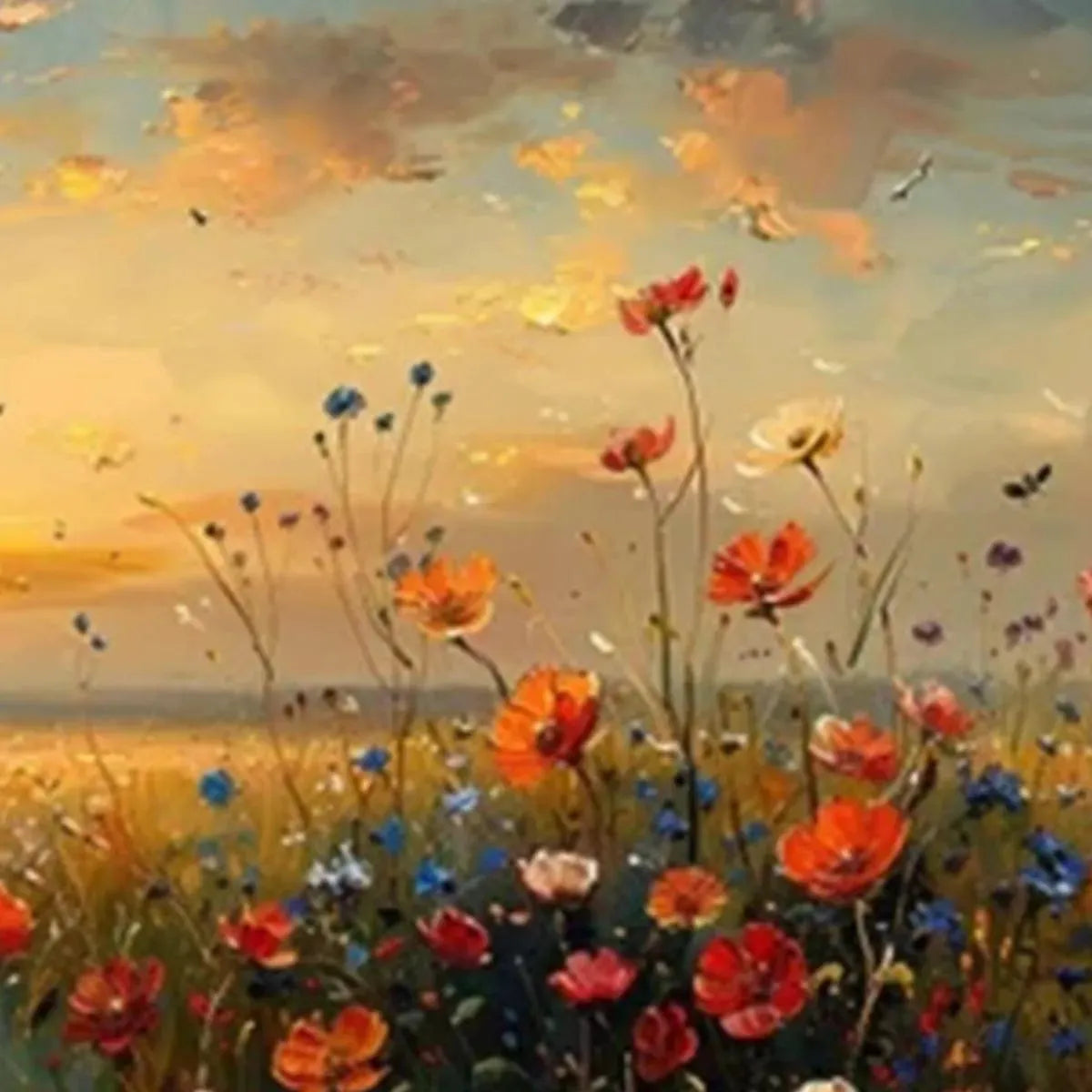 Sunset Field | Red, Orange, Blue Wildflower Painting