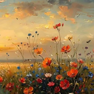 Oil painting of wildflower meadow at sunset. Vibrant red, orange, blue flowers. Warm sky. Liam O'Connell artwork.