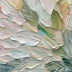 Close-up of 'Pastel Dream' impasto painting texture, showing thick pastel pink, green, and cream leaf shapes.