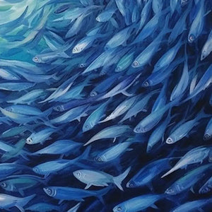 Close-up of Oceanic Whirl painting showing dynamic blue fish school, intricate brushwork, and fluid swirling motion.