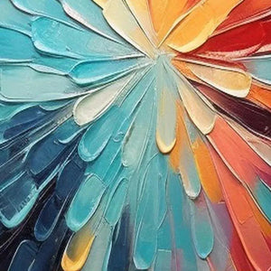 Colorful Radiance abstract art: vibrant impasto texture with radiating strokes in turquoise, orange, yellow, red.