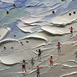 Beach Day Vibes painting by Liam O'Connell: Textured beach scene with figures and vibrant umbrellas, horizontal wall art.