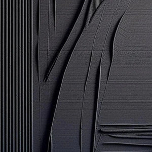 Javier Ramirez black textured abstract painting, minimalist artwork with vertical lines and curves, modern wall decor