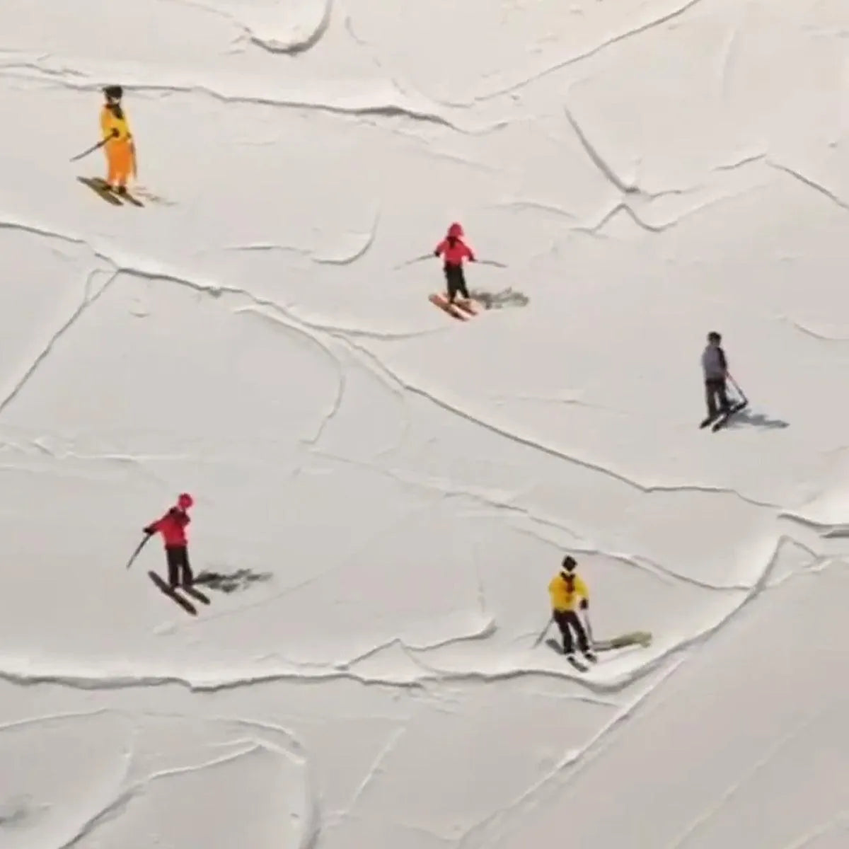 SKI SLOPES: Minimalist Painting of Skiers on a Snowy Slope