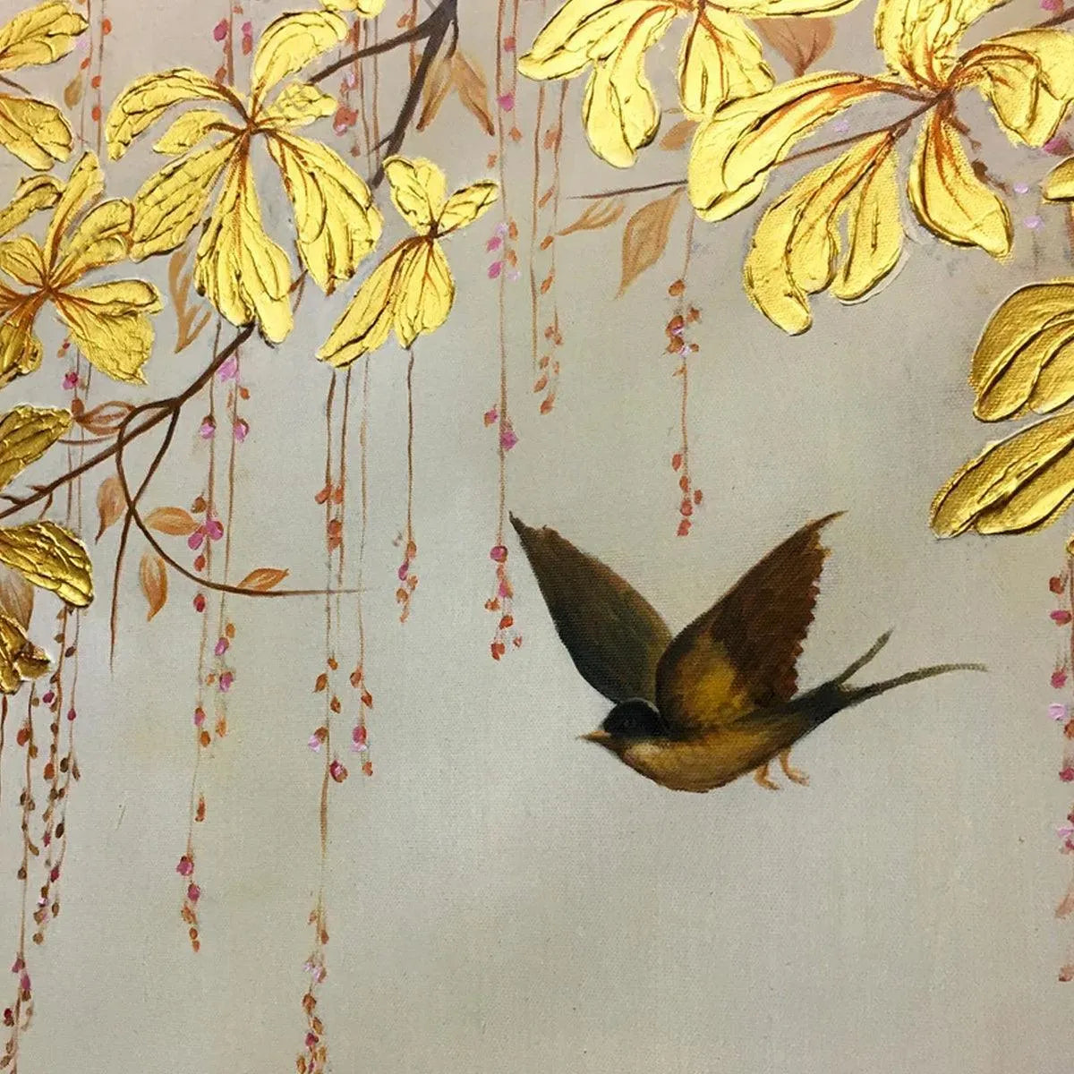 GOLDEN GARDEN: Panoramic Golden Leaf and Bird Painting | Asian Art