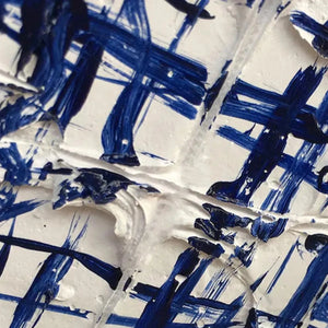 BLUE WEAVE abstract painting by Javier Ramirez, close-up detail of textured blue and white brushstrokes, modern art.