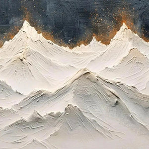 Textured impasto painting of white snowy mountains with gold accents against a dark grey sky. Close-up detail.