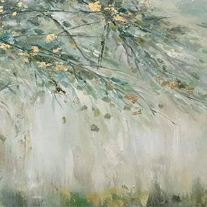 Liam O'Connell 'Whispering Woods' painting detail: abstract green branches with gold leaf texture.