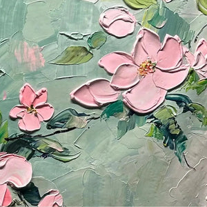Textured impasto painting of pink cherry blossoms on a soft green background by Elodie Dubois, showcasing tactile floral art.