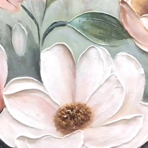 Close-up impasto painting of textured pink and white blossoms with blue-green background, showcasing floral detail and depth.