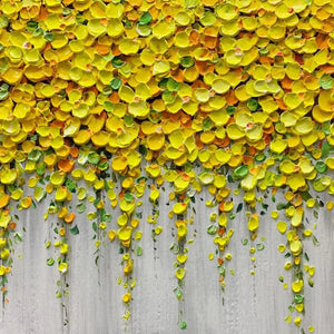 Golden Cascade impasto art: Textured yellow flowers cascade on grey background, Elodie Dubois original painting texture.
