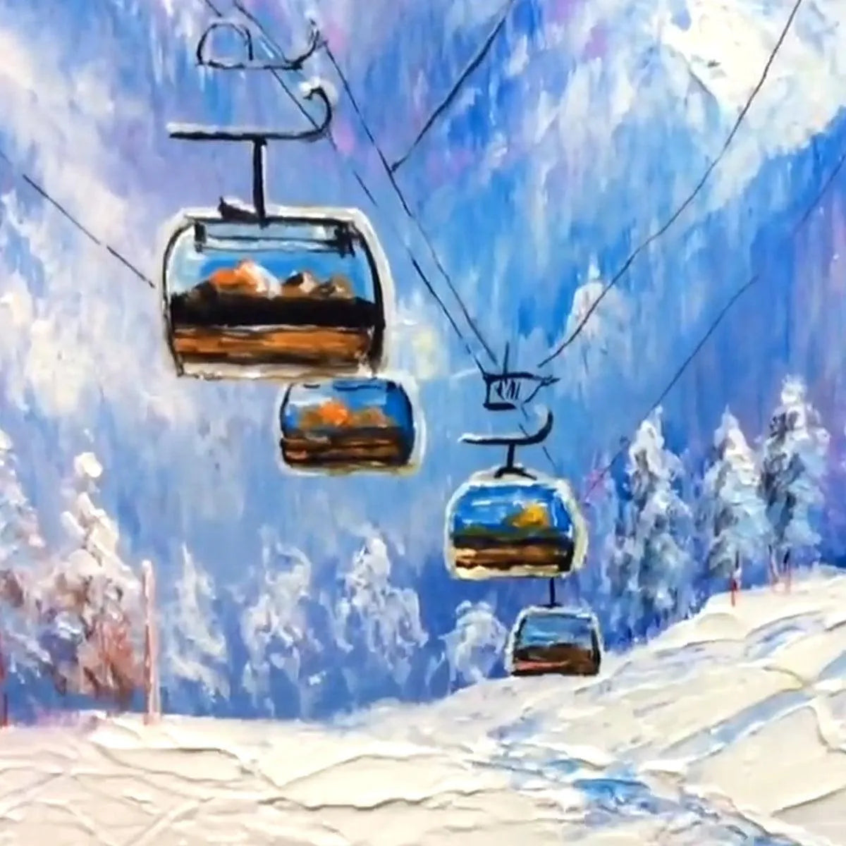 SNOWY SLOPES: Panoramic Ski Resort Landscape Painting