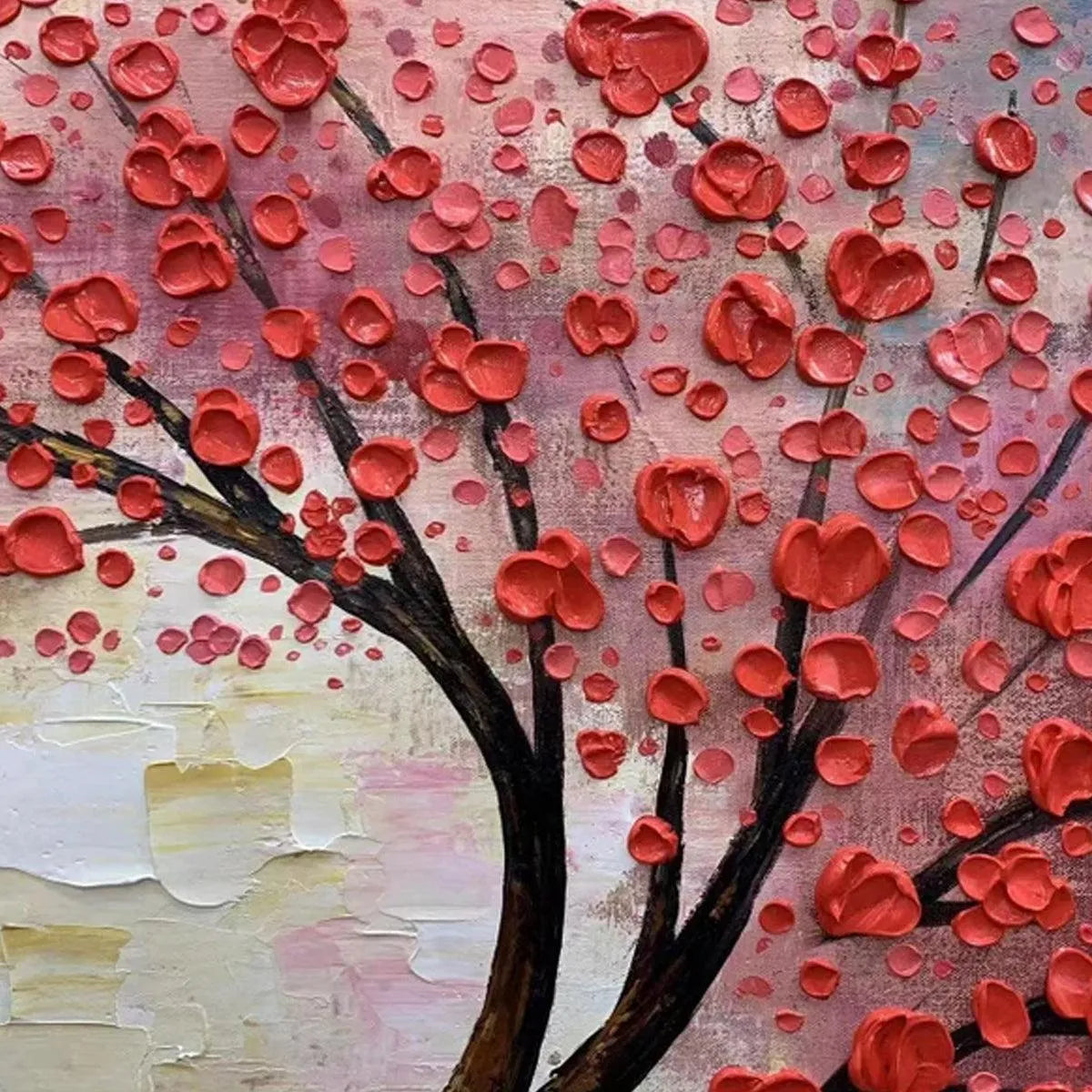 HEART TREE: Textured Impasto Red Tree Painting with Heart-Shaped Leaves