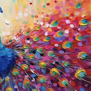 Impasto oil painting detail of a peacock fanned tail. Vibrant colors, textured brushstrokes by Willow Davies.
