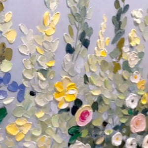 SPRING MEADOW Impasto floral painting by Elodie Dubois, featuring textured yellow roses and colorful flowers, ready to hang.