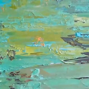 GOLDEN TIDE: Textured teal and gold abstract painting, horizontal canvas art with impasto strokes.