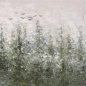 Textured painting of snow-covered evergreen trees in a misty forest, with a flock of birds silhouetted against a hazy sky.