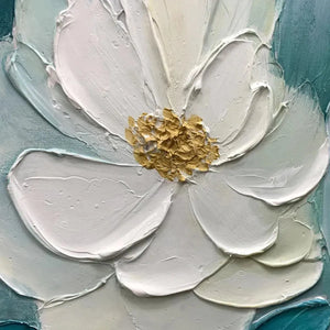 Golden Garden painting by Elodie Dubois: Textured white flower, gold center, teal and gold leaves, floral artwork.