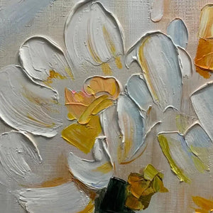 Elodie Dubois "White Blossoms" textured floral painting in white and yellow, impasto technique, original artwork