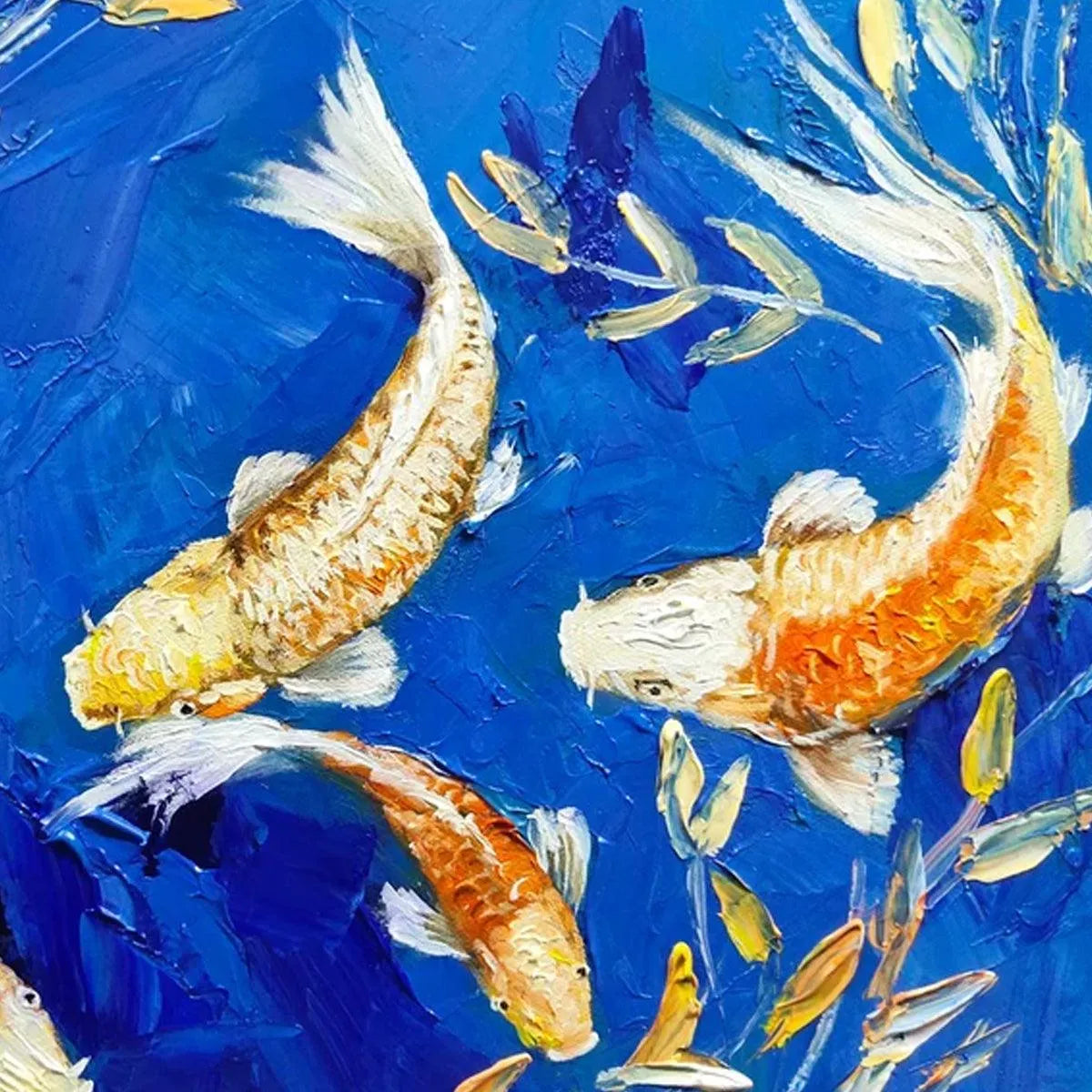 GOLDEN KOI: Vertical Koi Fish Painting on Blue Background