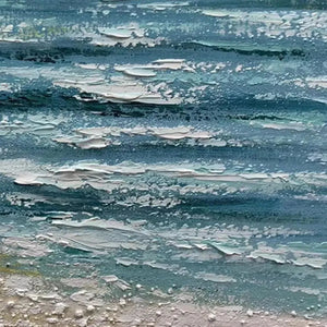 Impasto texture detail of Red Boat at the Shore painting, showcasing sculpted blue ocean waves meeting a sandy beach.