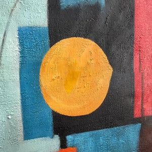 Urban Geometry minimalist abstract painting with textured golden circle and geometric color blocks.