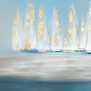 Golden Sails abstract seascape painting with sailboats featuring gold foil accents on blue ocean waters.