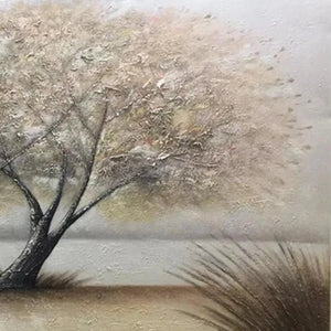 Twilight Trees original landscape painting featuring trees by water with textured brushwork in muted tones.