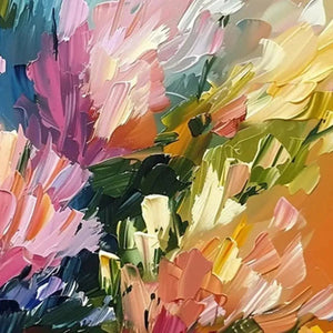 Vibrant impasto floral painting with thick brushstrokes in pink, yellow, orange and green colors.