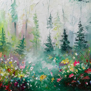 Whispering Woods original oil painting - impressionistic forest landscape with vibrant wildflowers wall art.