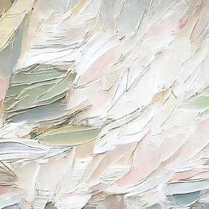 Textured abstract painting with thick brushstrokes in soft pink, sage green, and white. Horizontal artwork by Elodie Dubois.