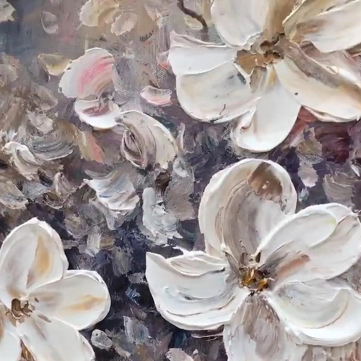 WHISPERING BLOSSOMS: Textured Beige and White Floral Impasto Painting