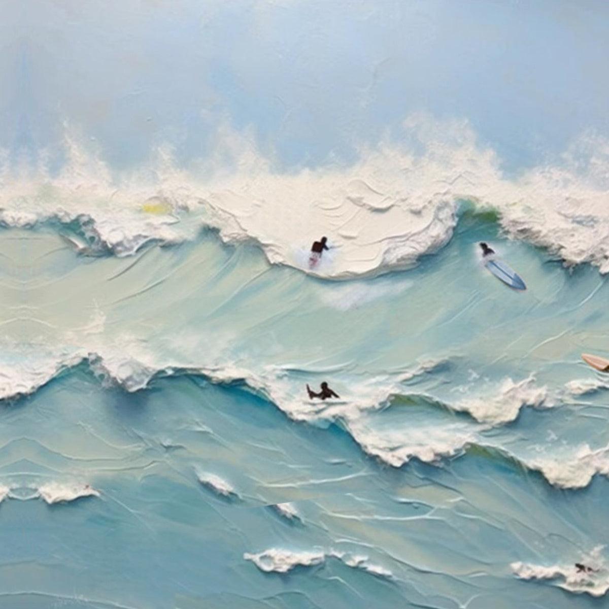 OCEAN'S HEARTBEAT: Panoramic Ocean Wave Painting with Surfers for Living Room