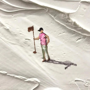 White Greens textured abstract painting by Liam O'Connell: golfer with flag on white landscape.