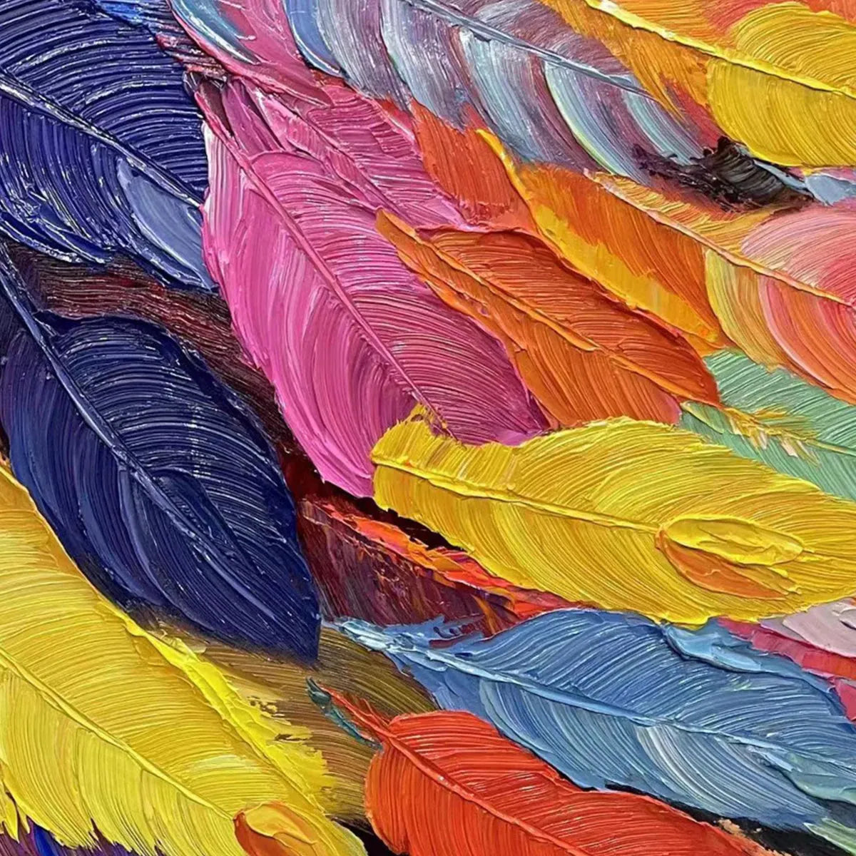 FEATHER DANCE: Horizontal Abstract Painting with Colorful Feathers, Textured Impasto, Modern Wall Art